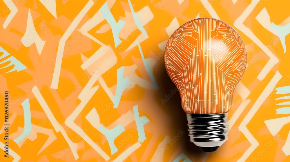 Poster creative lightbulb design with circuit pattern on vibrant orange background for modern concepts in t