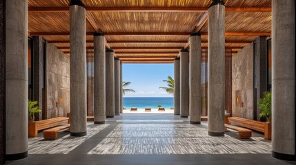 A serene lobby with wooden beams and columns, leading to a beach view.