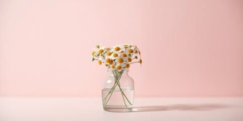 A delicate bouquet of daisies in a clear glass vase against a soft pink backdrop