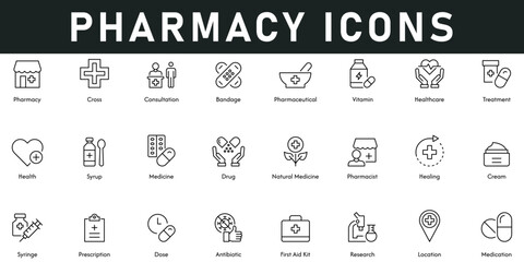 Pharmacy Icons vector illustration with thin line editable stroke containing consultation, bandage, pharmaceutical, vitamin, healthcare, treatment, syrup, medicine, healing, cream, syringe, dose