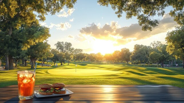 Scenic golf course at sunset with food and drink.