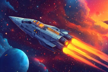 Obraz premium Explore the wonders of space with a detailed illustration of a rocket and celestial bodies, perfect for science and education. illustration, science, design, mosque, travel, child, star, sky,