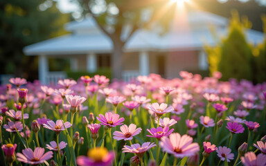Beautiful pink cosmos flowers blooming in garden at sunset with house in background