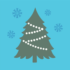 Decorated Christmas tree with garlands and snowflakes, bright blue background. Minimalist flat design. For festive greeting cards and winter-themed decorations