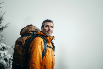 Fototapeta premium Mature caucasian male hiker in orange jacket with backpack in snowy wilderness.