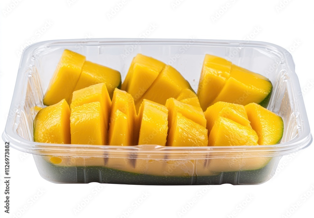 Poster sliced mango pieces arranged in a clear container for easy consumption.
