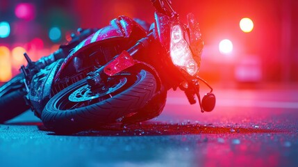 A motorcycle lies on its side in a colorful, illuminated street scene, reflecting emergency lights amidst a dark, urban environment.