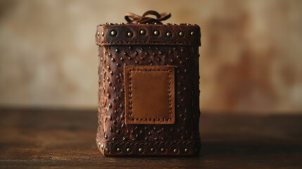 Rustic leather craft piece with decorative studs, a stitched label, and a warm background ideal for artisanal and handmade product showcases.