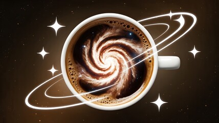 Coffee cup with swirling galaxy foam and glowing stars