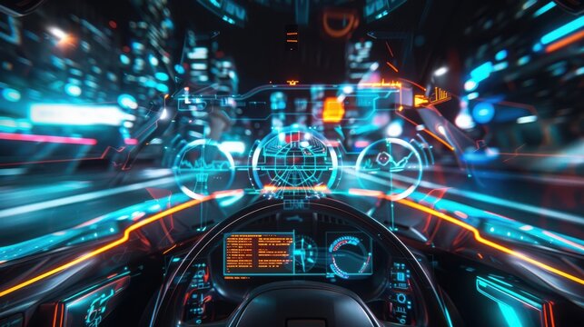 Futuristic Car Interior Night Driving Advanced Technology Display