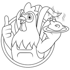 Cartoon chicken chef carrying grilled chicken line art