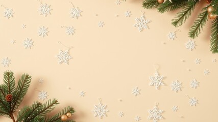 Festive Winter Holiday Background Featuring Delicate Snowflake Ornaments and Evergreen Branches
