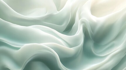 Fototapeta premium Abstract silk fabric layers creating smooth, flowing patterns in soft green and white tones.