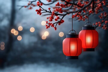 Red lanterns hang from a branch, illuminated softly against a blurred, moody background, evoking a serene, festive atmosphere.