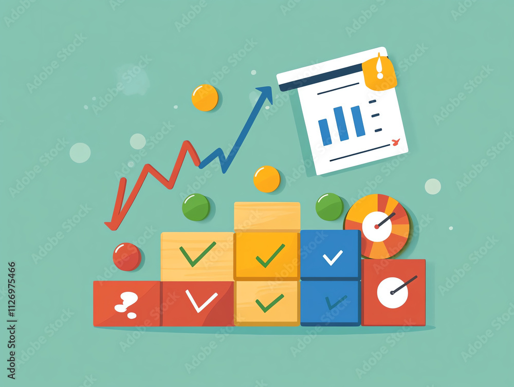 Poster colorful wooden blocks represent business metrics with graphs and icons, illustrating growth and suc