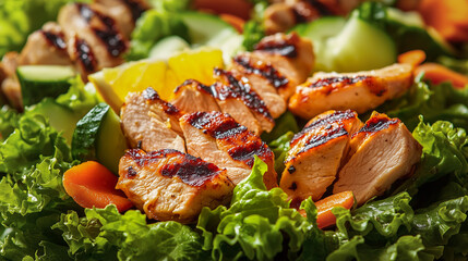 Grilled chicken chunks on a mixed green salad.