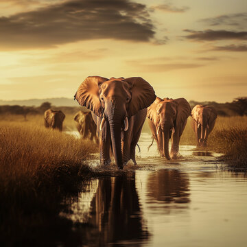 Group of elephants approach head-on, walking on a trickle of water.