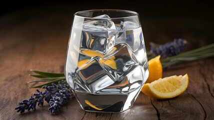 Photo of gin glass with glowing botanicals, lavender, and citrus peel