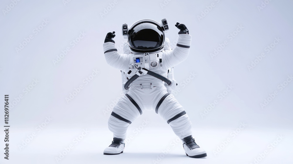 Poster a playful astronaut in a spacesuit striking a fun pose against a minimalist background.