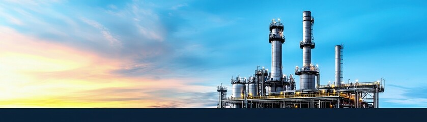 Fototapeta premium A modern oil rig stands against a vibrant sunset, showcasing industrial structures amidst a tranquil sky.