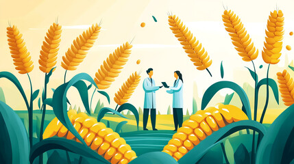 Two scientists discussing agricultural methods in a field of corn during morning light