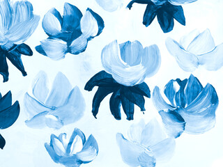 Blue abstract flowers, original hand drawn, impressionism style, color texture, brush strokes of paint, art background.
