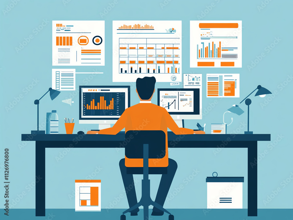 Poster businessman working on quality assurance checklist, analyzing data on multiple screens in modern off