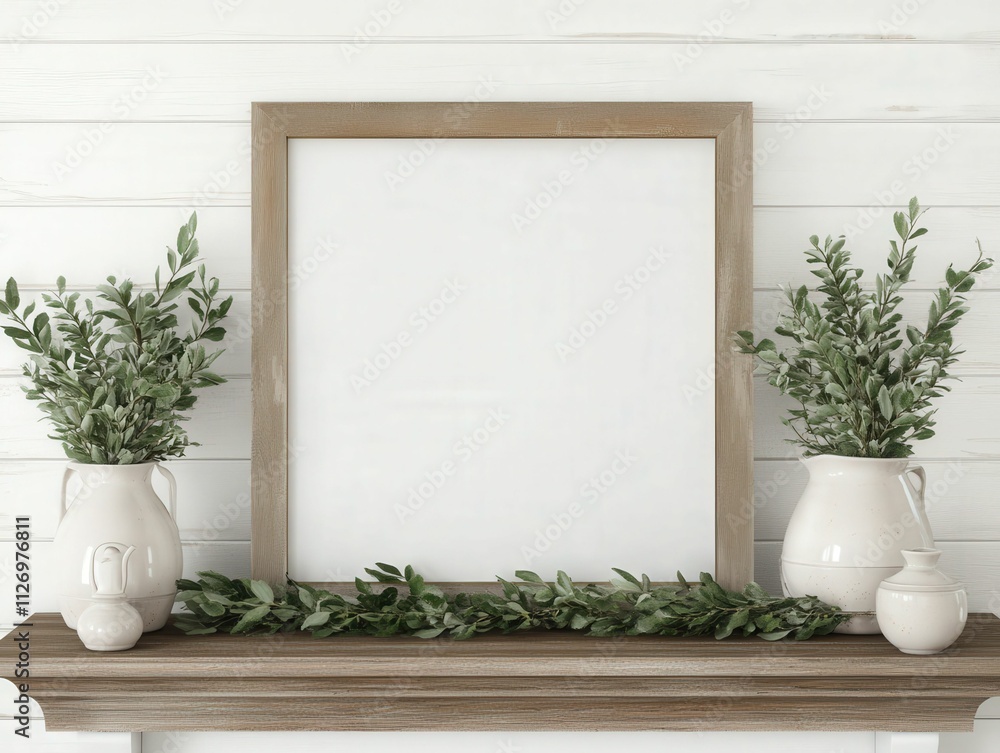 Poster a minimalist mantel display featuring a blank frame, greenery in decorative vases, and a wooden shel