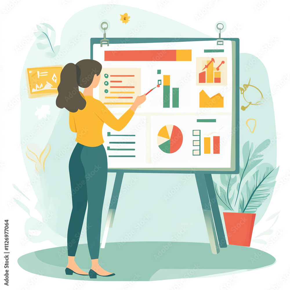 Poster businesswoman analyzing data on presentation board, highlighting key metrics and charts. scene conve