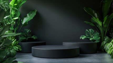 Circular matte black podiums styled for a tech product launch.