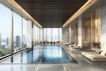 Fototapeta premium Luxurious indoor pool with city skyline views and modern design elements.