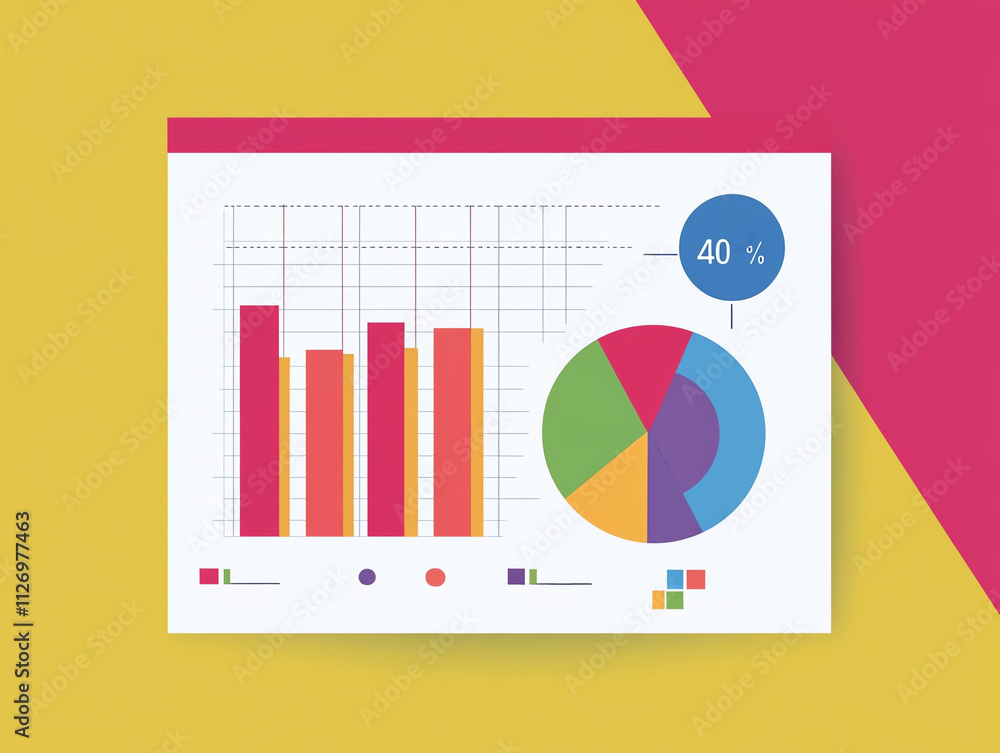 Poster colorful graph showing annual business goals with bar and pie charts, illustrating data analysis and