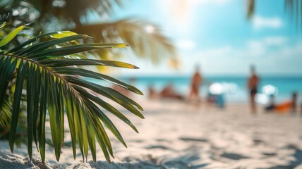 Vibrant green palm leaf close up with of people enjoying a sunny beach blurred beachgoers in background, bright summer sunlight, tropical and relaxed atmosphere