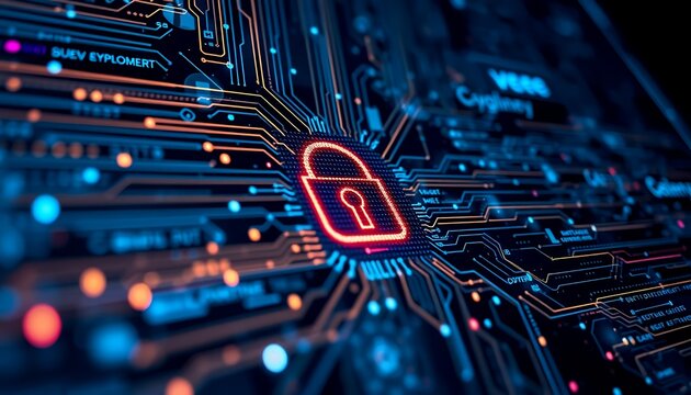 A visual abstraction of digital security displayed through a bright red padlock icon amidst complex microcircuits. The image invites interpretations of data protection and the power of technology.