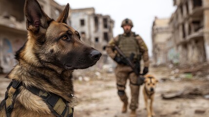 Martial Law Concept, Soldier and Canine Unit Patrolling Abandoned Urban Area with Focus on Heroic Dog in Action