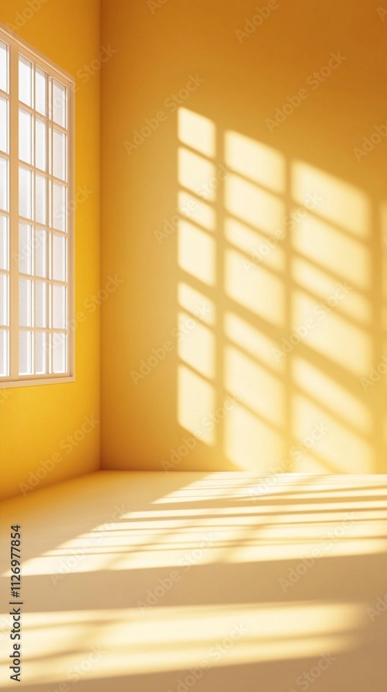 Poster sunlight streaming through a large window casts long shadows on a vivid yellow wall, creating a warm