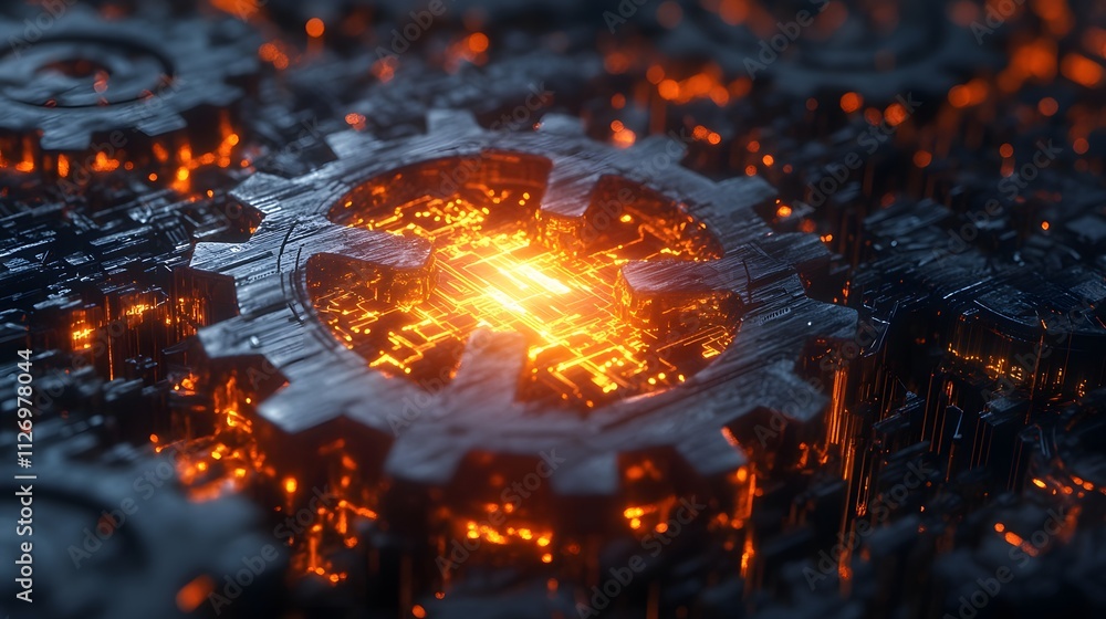 Poster intricate glowing gears: a mesmerizing digital art depicting a complex gear system with inner circui