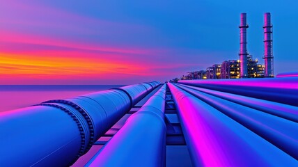 A vibrant sunset view showcasing industrial pipes leading into the horizon, with colorful skies enhancing the scene's aesthetic appeal.