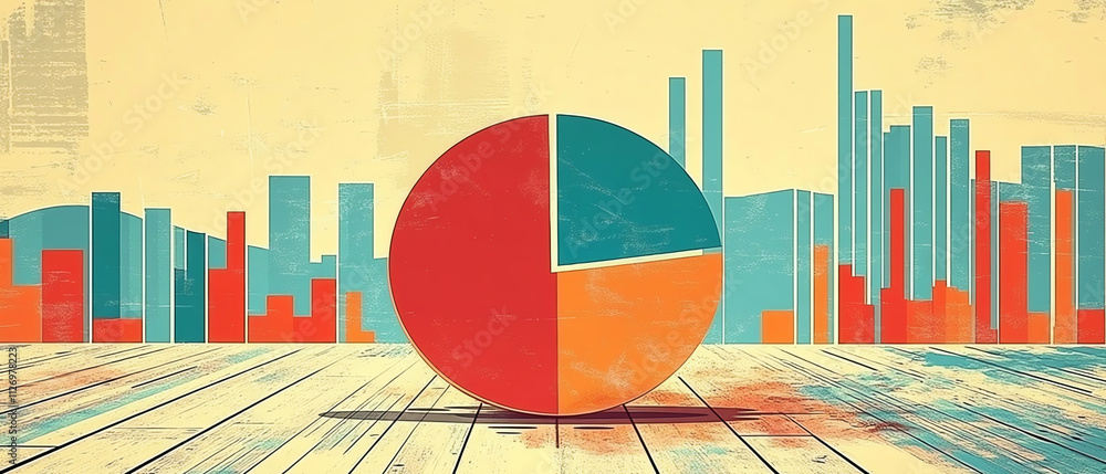 Poster colorful pie chart and bar graph representing business goals and tracking progress. vibrant design s