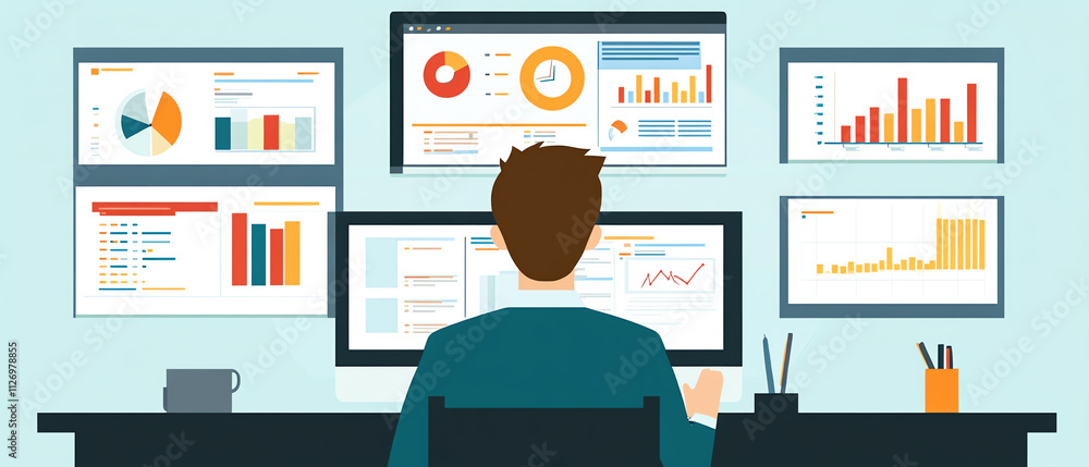 Poster businessman analyzing data on multiple screens, showcasing graphs, charts, and statistics for effect