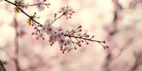 Delicate Spring Blossoms on a Branch, Soft Pink Petals in Gentle Breeze