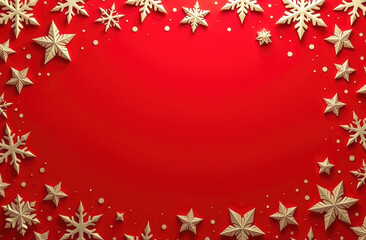 Chic Christmas card red Christmas background with a border of cut out gold foil stars and silver snowflakes.