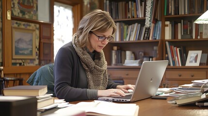 Woman Works on Laptop in Book Filled Study