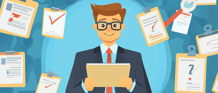 Businessman reviewing documents in QA process, surrounded by checklists and reports, showcasing diligence and attention to detail in professional setting