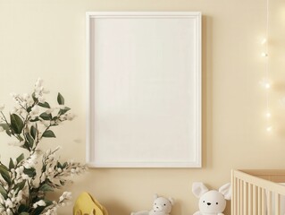 A serene nursery corner featuring a blank frame, soft toys, and greenery, creating a calm and inviting atmosphere for a child's space.