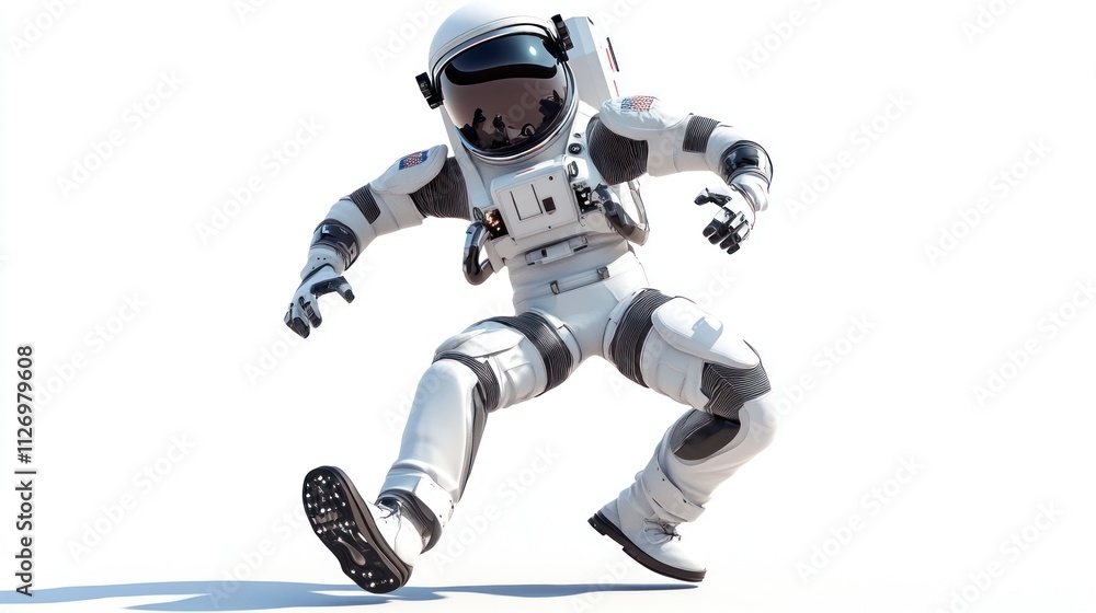 Poster a 3d astronaut figure in a dynamic pose, suggesting movement in a space environment.