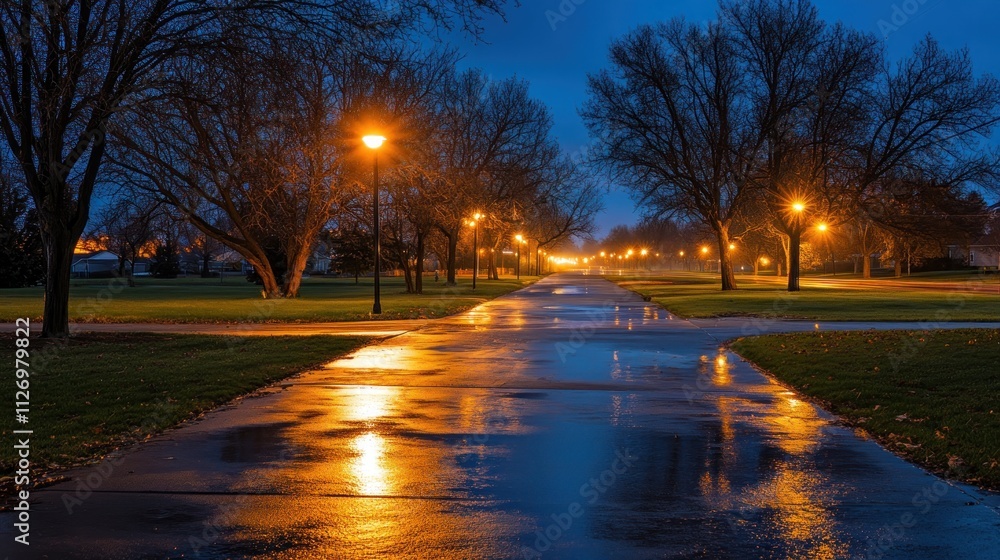 Wall mural A tranquil park pathway illuminated by streetlights, reflecting on a wet surface at dusk.