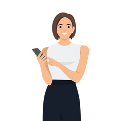 Young woman holding and staring at mobile phone. Flat vector illustration isolated on white background