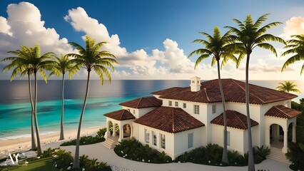 Fototapeta premium /imagine: A luxurious villa surrounded by swaying palm trees, overlooking a crystal-clear ocean with a radiant blue sky and scattered fluffy white clouds, on a sunlit day --ar 3:2 --v 4