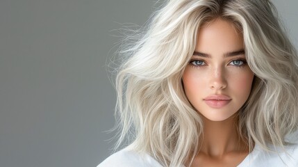 Naklejka premium A blonde model with platinum hair styled in voluminous waves, wearing a white shirt in a professional studio setting. The background is grey, and the lighting focuses on the texture and vibrancy 